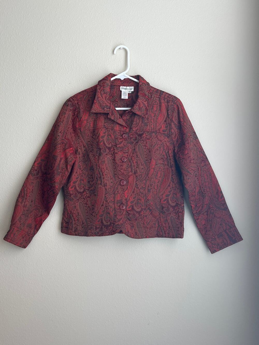 Coldwater Creek Red Paisley Jacquard Button Front Cropped Jacket Petite Medium